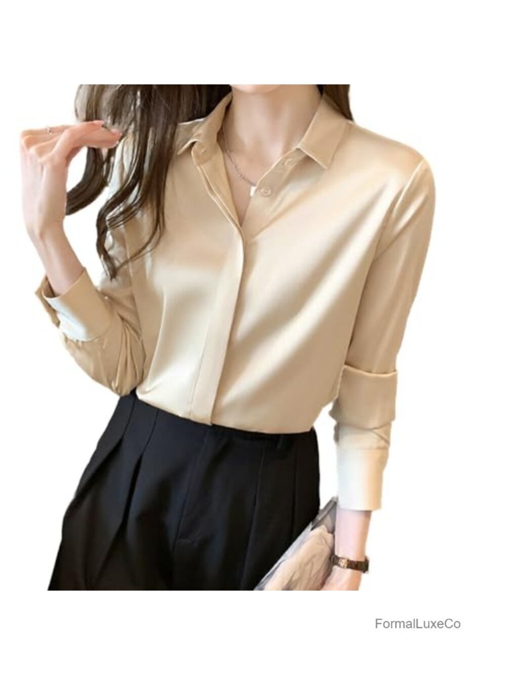 Satin Button-Down Blouse Long Sleeve Collared Shirt Workwear Top